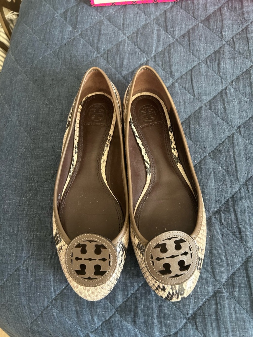 Tory Burch Taupe Snake-Print Logo Ballet Flats